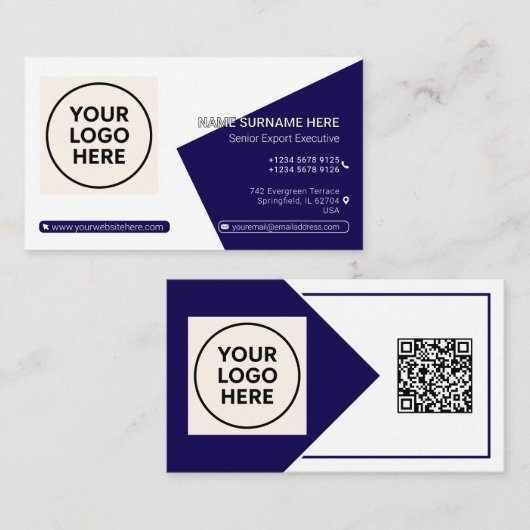 Carte de visite professionnelle moderne Navy QR Co (Devant / Derrière)