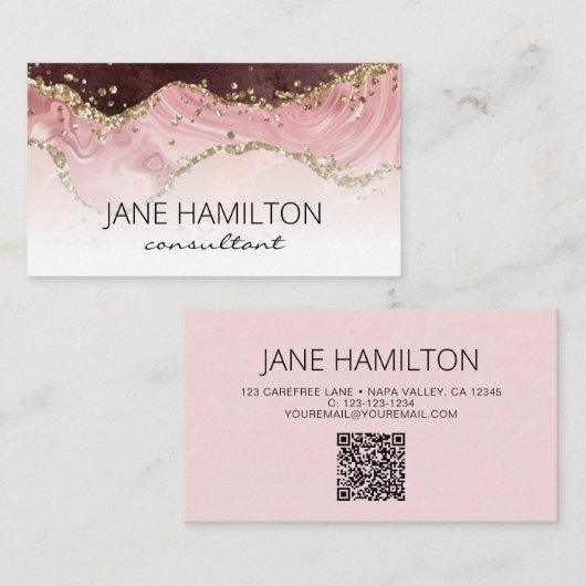 Carte de visite profil Marbre Agate Rose Code QR (Devant / Derrière)