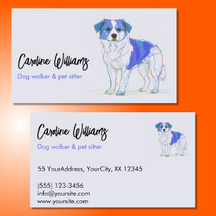 Carte De Visite Promeneur de chien garde d'animaux dessin bleu mod
