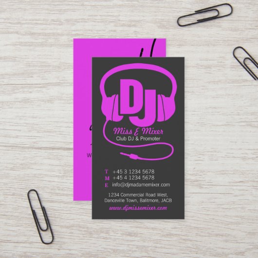 Carte de visite promoteur DJ pour dames rose et no (Devant/Arrière en situation)