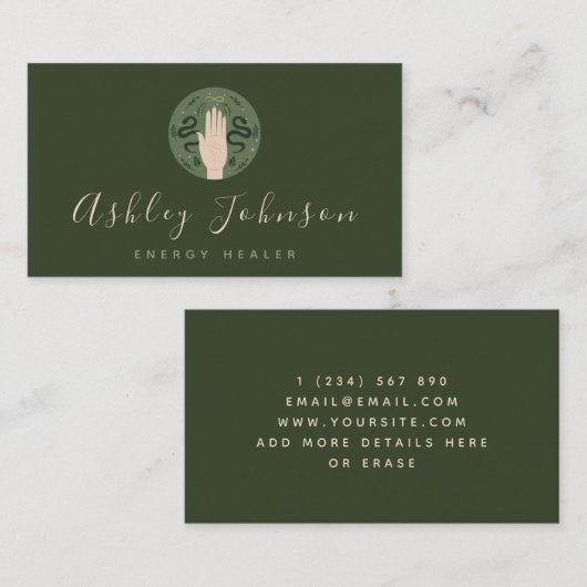 Carte De Visite Psychique Vert foncé Main et serpents Mystique Mag (Devant / Derrière)