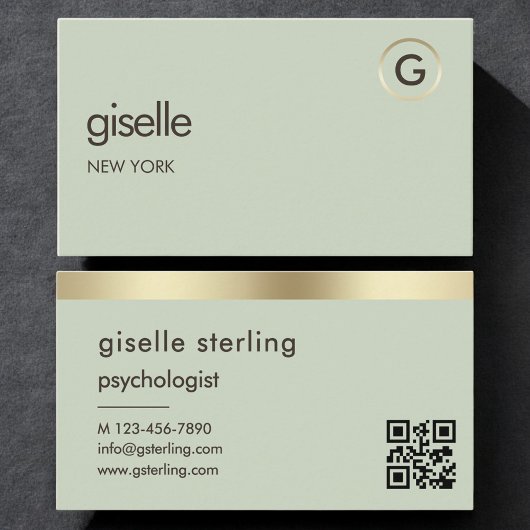 Carte De Visite Psychologist Counselor Sage Green Gold QR Code 