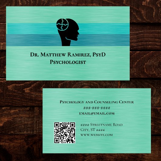 Carte De Visite Psychologist Psychiatrist Teal Faux Metal QR Code