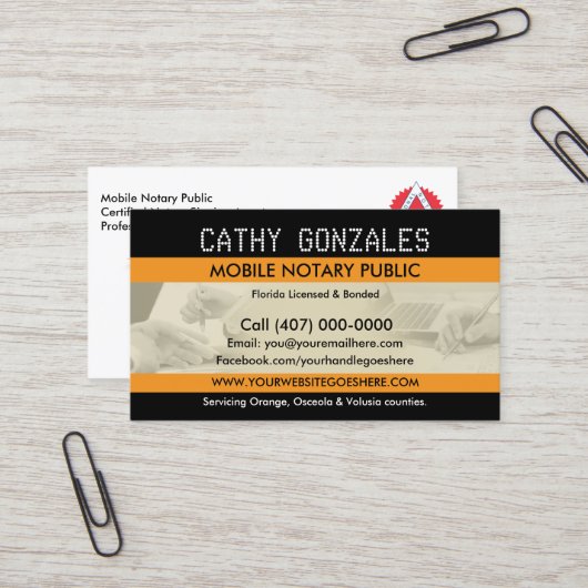 Carte de visite public de notaire mobile (Devant/Arrière en situation)