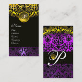 Carte De Visite PURPLE BLACK JAUNE TOPAZ DAMASK MONOGRAM, or (Devant / Derrière)