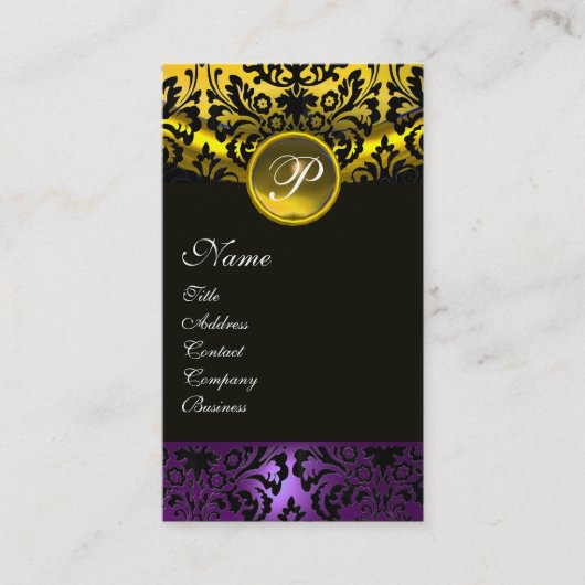 Carte De Visite PURPLE BLACK JAUNE TOPAZ DAMASK MONOGRAM, or (Devant)