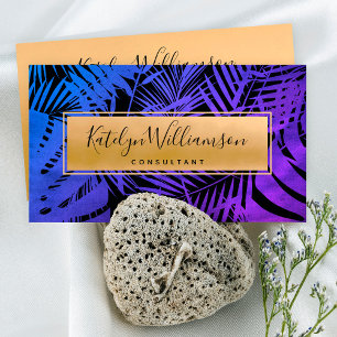 Carte De Visite Purple bleu ombre or tropical palm chic script