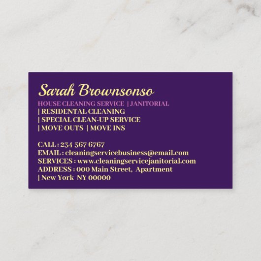 Carte De Visite Purple Blue Janitorial Lady Cartoon Girl Cleaning (Dos)