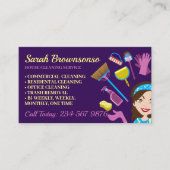 Carte De Visite Purple Blue Janitorial Lady Cartoon Girl Cleaning (Devant)