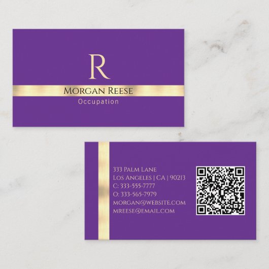 Carte De Visite Purple & Gold, Générer QR Code Nom et monogramme (Devant / Derrière)