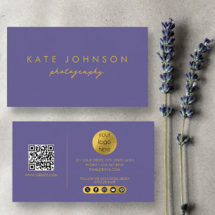 Carte De Visite Purple Gold Modern Script QR Code Social Media B