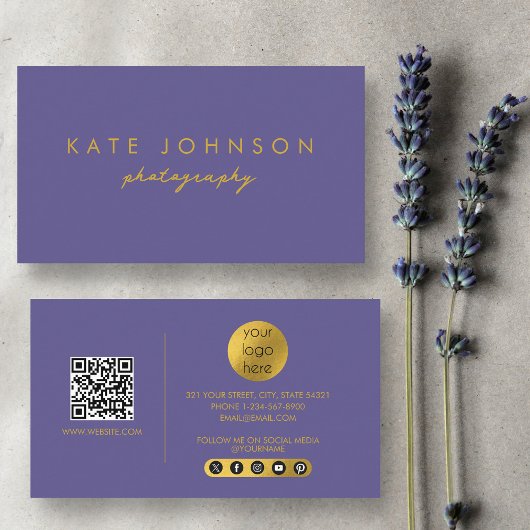 Carte De Visite Purple Gold Modern Script QR Code Social Media B