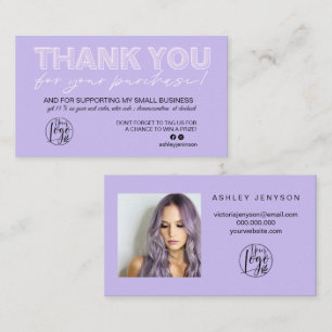 Carte De Visite Purple lavender script photo logo commander merci