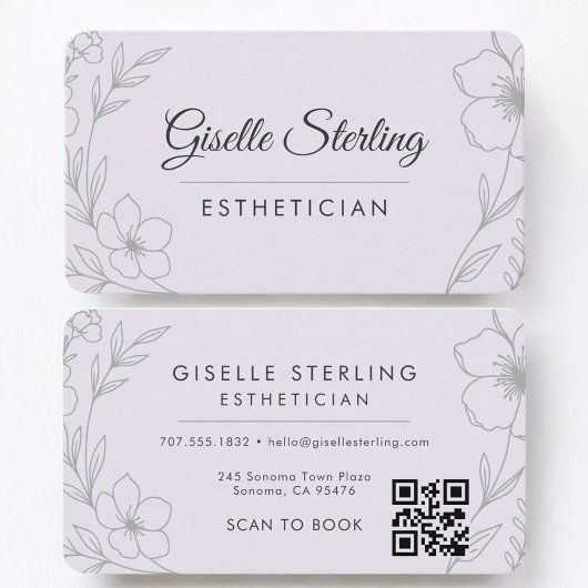 Carte De Visite Purple Lilac Floral Esthetician QR Code