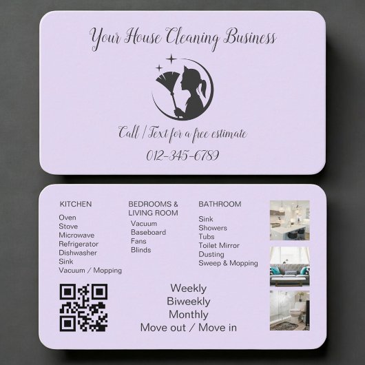 Carte De Visite Purple Maid House Cleaning QR Code Professional