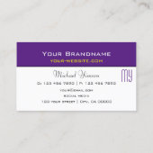 Carte De Visite Purple moderne et blanc avec Monogram Professional (Dos)