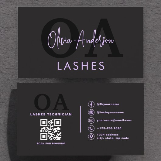 Carte De Visite Purple QR Code Eye Lashes Technicien Noir