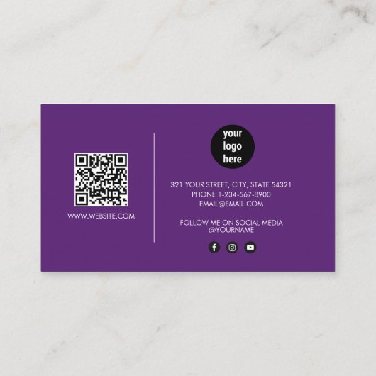 Carte De Visite Purple Signature Script QR Code Médias sociaux (Dos)