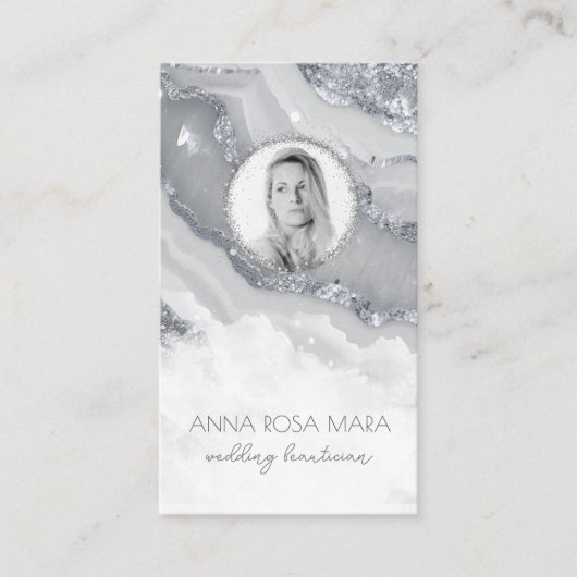 Carte De Visite *~* QR Agate Marbre PHOTO LOGO ARGENT AP66 Grey (Devant)