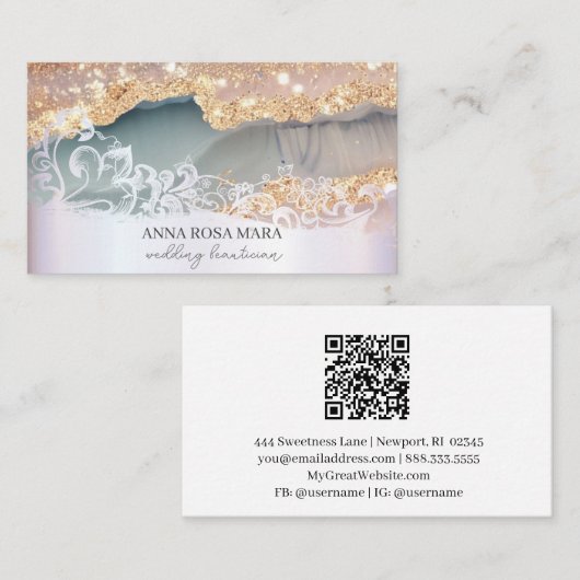 Carte De Visite *~* QR Agate Ornate Scroll Gold Parties scintillan (Devant / Derrière)