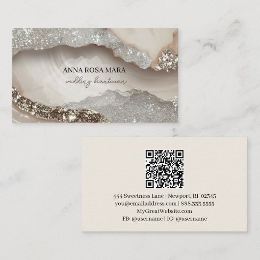 Carte De Visite *~* QR Agate Taupe Parties scintillant argent Glam (Devant / Derrière)
