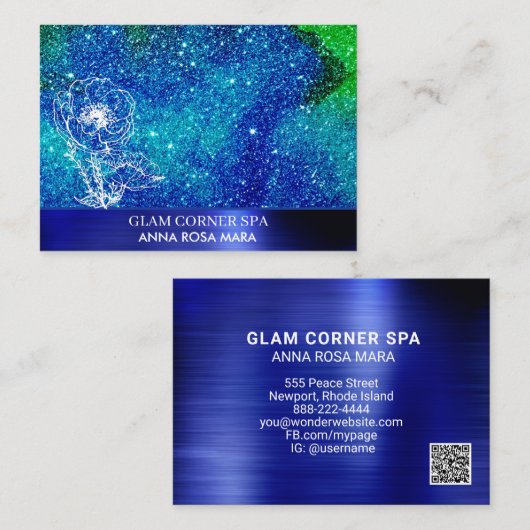 Carte De Visite *~* QR Beauté Bleu Parties scintillant verte en mé (Devant / Derrière)