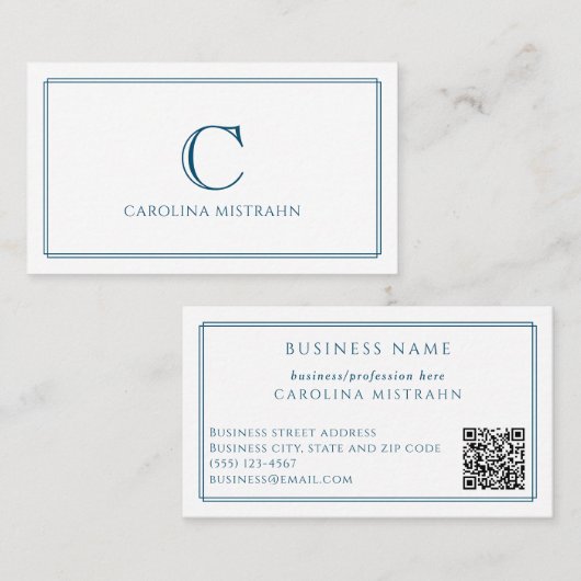 Carte De Visite QR Code à bordure bleu marine élégante Monogramme (Devant / Derrière)