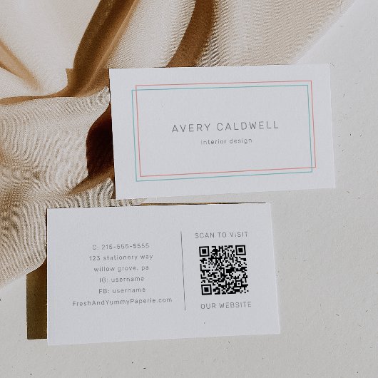 Carte de visite QR code à bordure corail et sarcel