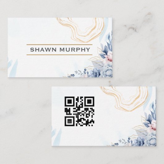 Carte de visite QR Code à ligne dorée et motif flo (Devant / Derrière)