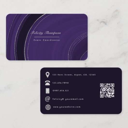 Carte de visite QR Code Agate Violet et Argent (Devant / Derrière)