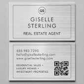 Carte De Visite QR Code agent immobilier brossé monogramme argent
