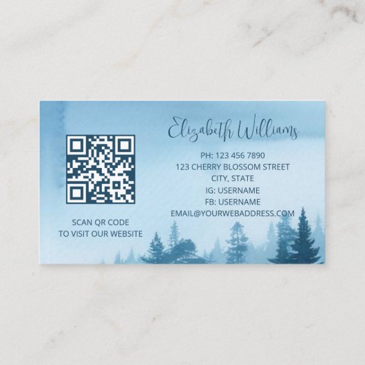 Carte De Visite QR Code Aquarelle bleue Paysage (Dos)