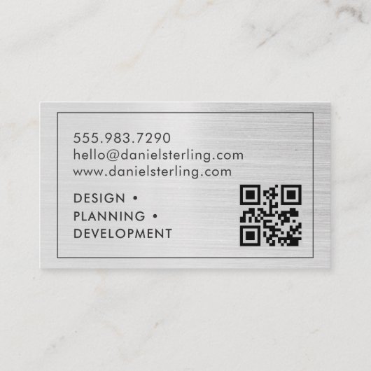 Carte De Visite QR Code Architect Brossé Monogramme Argent (Dos)