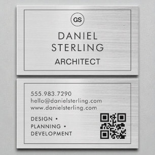 Carte De Visite QR Code Architect Brossé Monogramme Argent