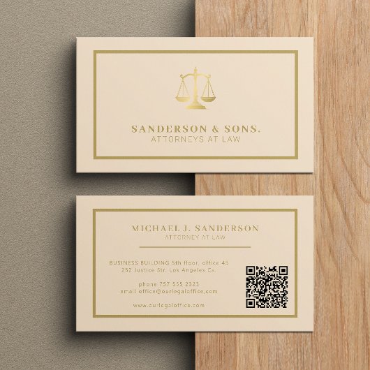 Carte De Visite QR code attorney lawyer professional gold beige