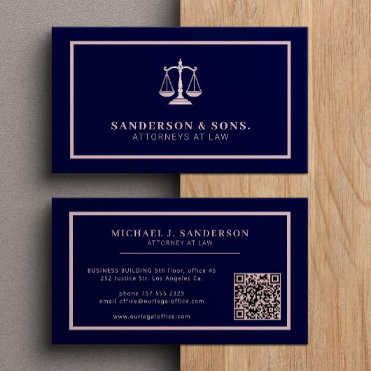 Carte De Visite QR code attorney lawyer professional rosegold navy