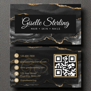 Carte De Visite QR Code Black Gold Agate Élégant luxe