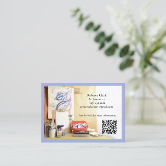 Carte De Visite QR Code Blue Art Teacher Tutor Art Class  (Debout devant)