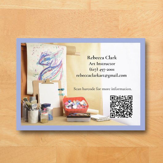 Carte De Visite QR Code Blue Art Teacher Tutor Art Class 