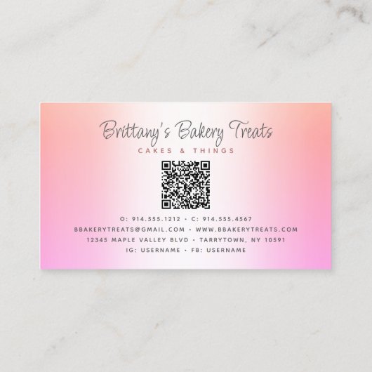 Carte De Visite QR Code Boulangerie Parties scintillant gâteau ros (Dos)