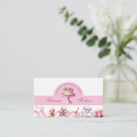 Carte De Visite QR Code Cake Baker Polka Dot Chic Pink Business (Debout devant)