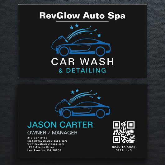 Carte De Visite QR Code Car Wash & Detailing Blue Luxury Style
