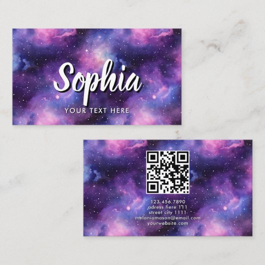 Carte De Visite QR Code Cosmic Galaxy Stars Purple Nebula (Devant / Derrière)