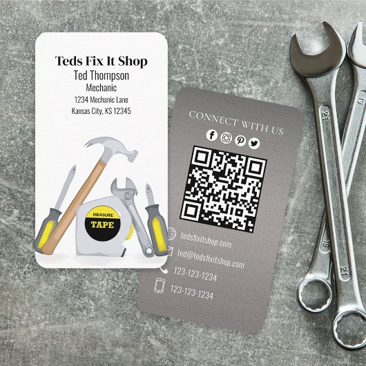 Carte De Visite QR Code Custom Social Media Mécanicien Outils