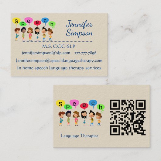 Carte De Visite QR Code Cute Kids Cartoon Holding Speech Words (Devant / Derrière)