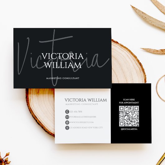 Carte de visite QR Code élégante Noir Gris Script