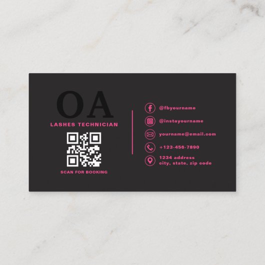 Carte De Visite QR Code Eye Lashes Technicien Hot Pink Noir (Dos)