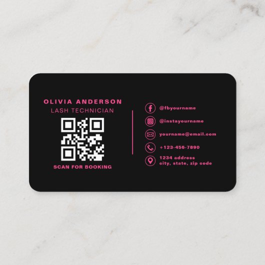 Carte De Visite QR Code Eye Lashes Technicien Hot Pink Noir (Dos)