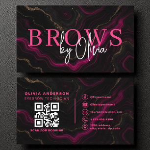 Carte De Visite QR Code Eyebrows Brows Artiste en marbre noir rose