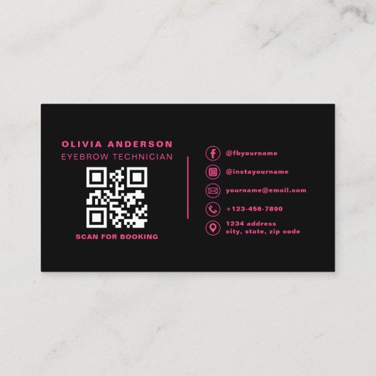 Carte De Visite QR Code Eyebrows Brows Artiste Hot Pink Black (Dos)